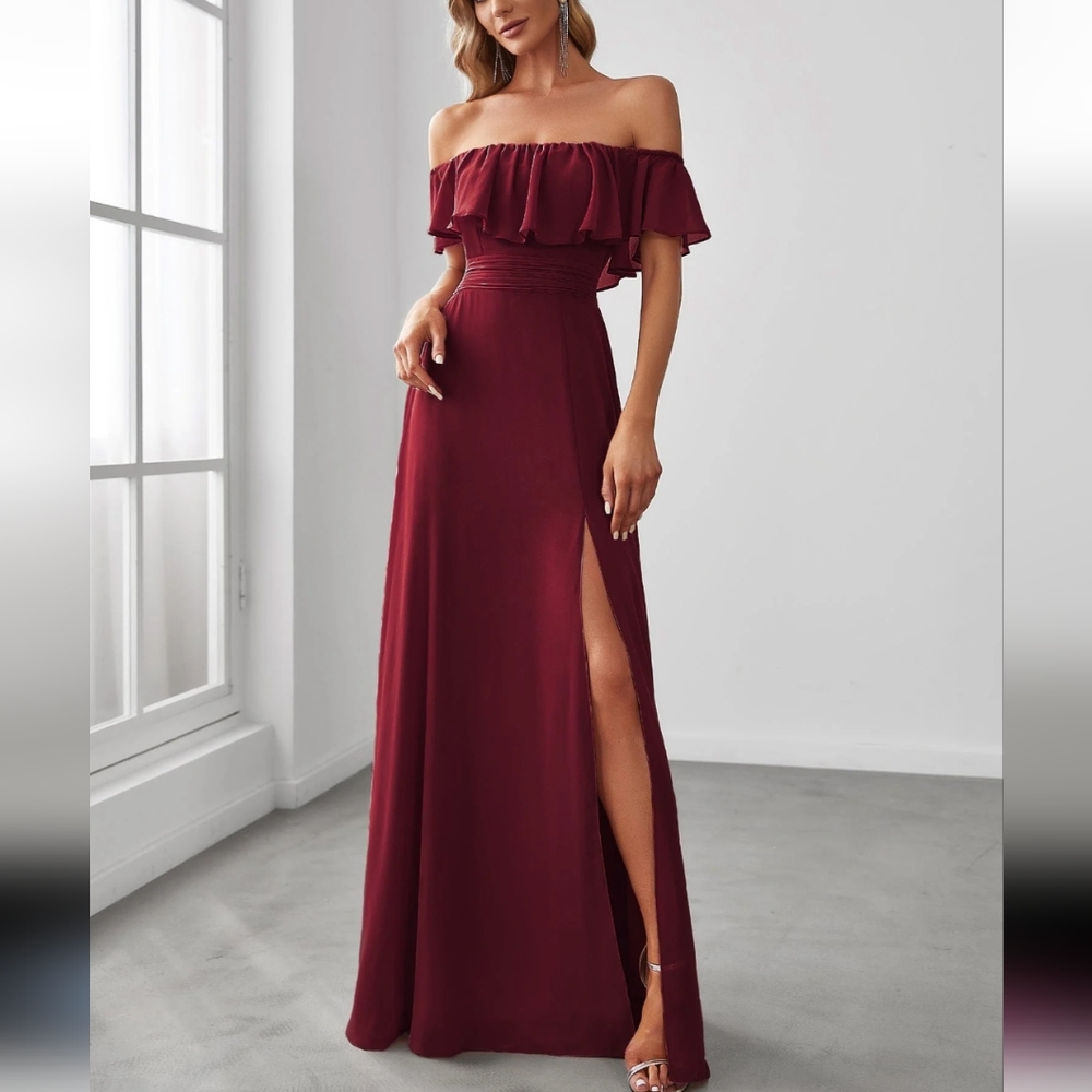Ever Pretty flowy wine red gown front split size 10